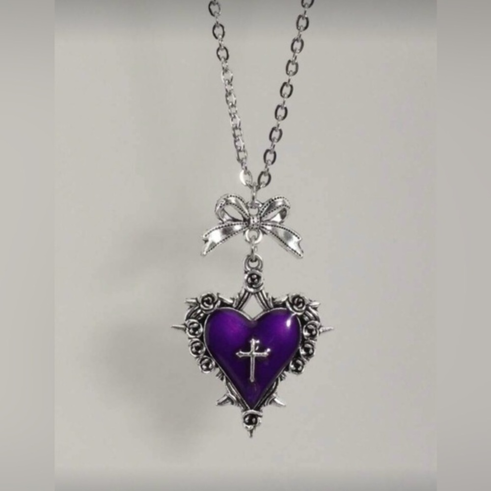 Silver Cross and Purple Heart Pendant Necklace